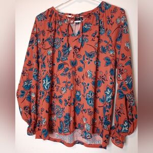 Ann Taylor Floral Blouse - Orange and Blue Petite Small Women's Shirt SP